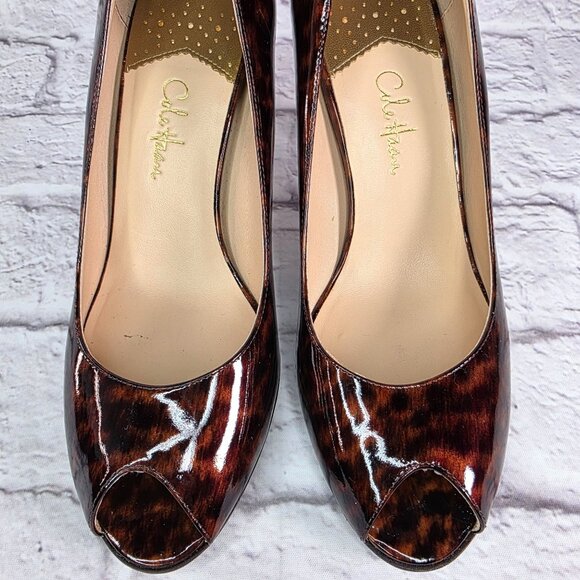 Cole Haan Womens Carma Peep Toe Heels Sz 8 B Patent Leather Tortoise Air Sole - Picture 4 of 14